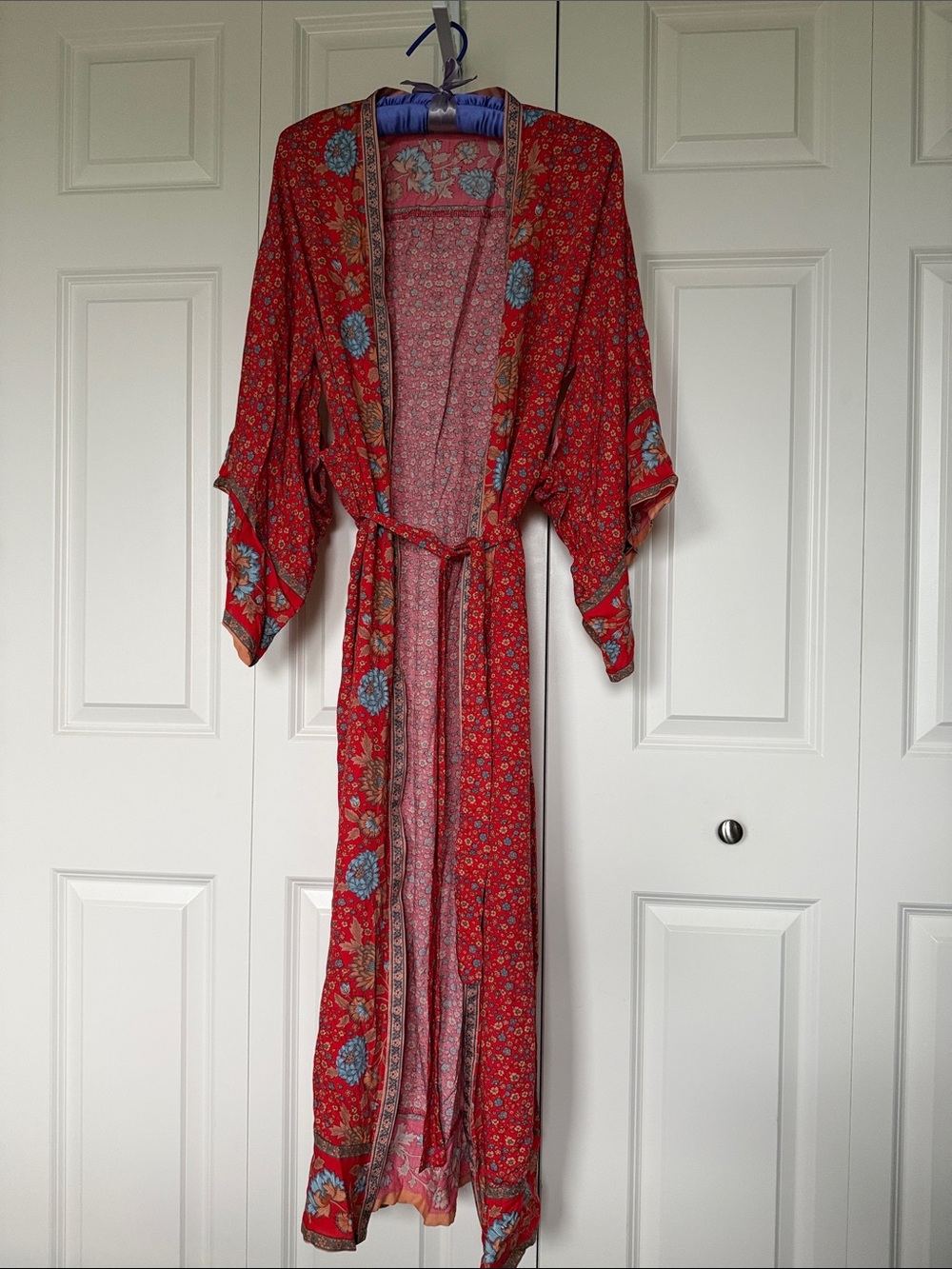 Red Floral Maxi Kimono Robe with Tie Belt